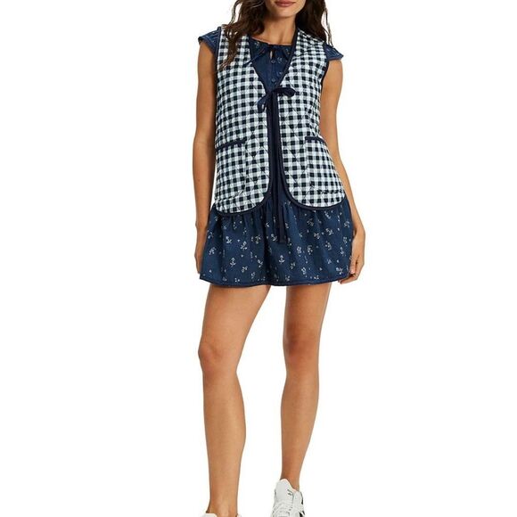 Free People Claudine Gingham Check Print Vest in Navy Combo NWOT - Picture 2 of 7